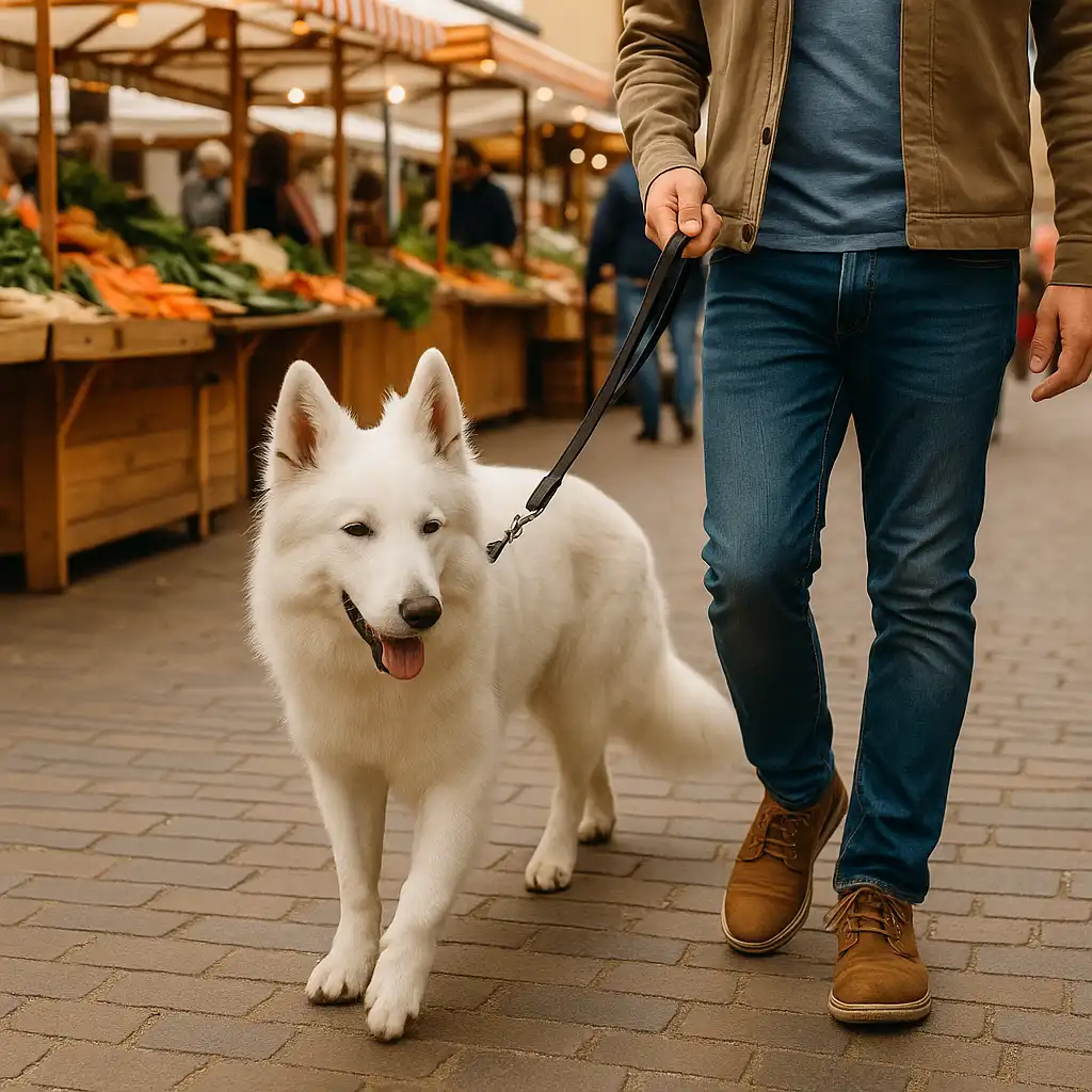 800x800 berger blanc suisse qui se balade au marché avec son maitre