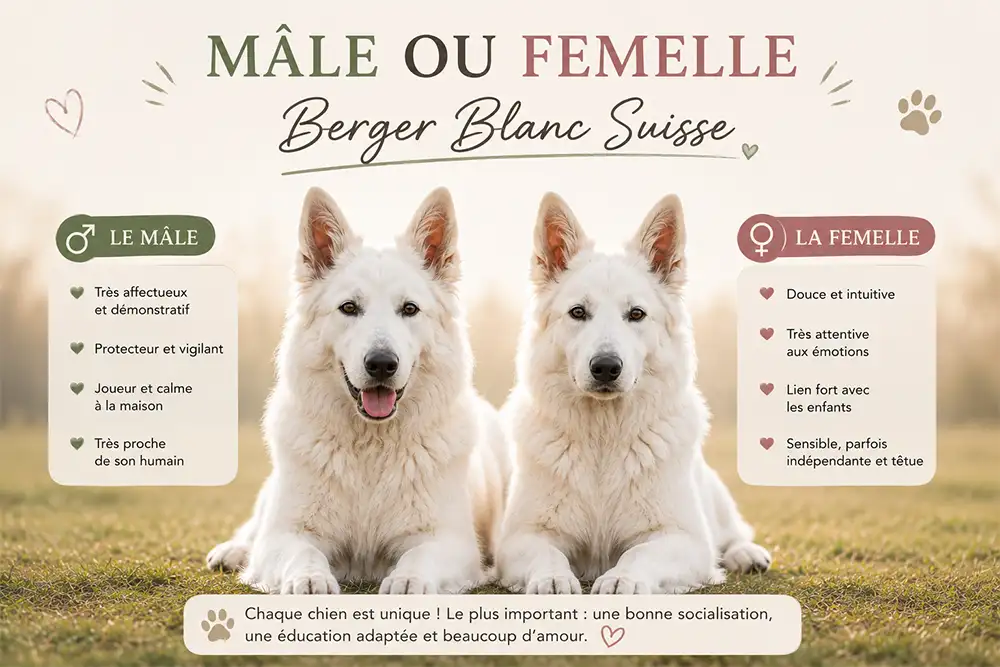 Mâle ou femelle Berger Blanc Suisse : quelles différences de caractère et comment choisir ? 🐾