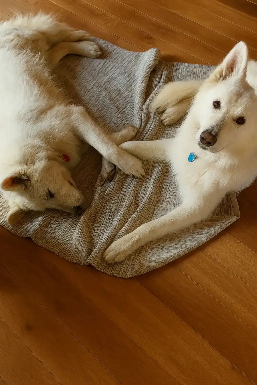 Lune et Volf, Bergers Blancs Suisses, couchés côte à côte sur leur couverture à la maison